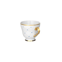 Biała porcelanowa filiżanka Ćmielów G909 Alaska Circus o pojemności 0,17 l z pozłacanym rantem i uchwytem, ozdobiona delikatnym wzorem w niebieskie symbole.