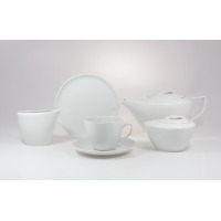 Biały garnitur do kawy C001 CITY marki Chodzież. Zestaw kawowy dla 12 osób z porcelany o minimalistycznym designie, obejmujący dzbanek, cukiernicę, mlecznik