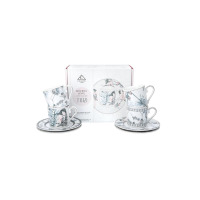 Zestaw filiżanek 100 ml dla 4 osób Ćmielów Jenny Tori. Cztery porcelanowe filiżanki ze spodkami ozdobione motywem ptaków i roślin, ustawione przed opakowaniem.