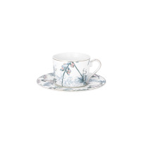 Porcelanowa filiżanka ze spodkiem Ćmielów GX24 Jenny Tori o pojemności 250 ml, ozdobiona delikatnym, roślinnym motywem w pastelowych odcieniach na białym tle.