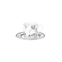 Filiżanka ze spodkiem Ćmielów GX24 Jenny Tori o pojemności 100 ml. Biała porcelana zdobiona delikatnym motywem ptaków i roślin w pastelowych odcieniach.
