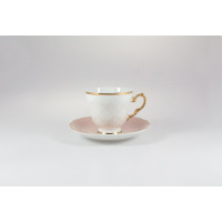 Filiżanka Ćmielów 0,17 l z serii G911 ALASKA Circus Pink. Biała porcelana z delikatnym różowym wzorem w kratkę, złotym rantem i eleganckim, zdobionym uszkiem