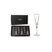 Zestaw sześciu kryształowych kieliszków do szampana Bohemia Conte Gold 170 ml w czarnym pudełku z logo marki oraz pojedynczy kieliszek z ozdobnym złotym