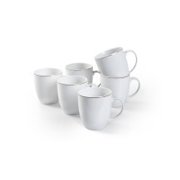 Zestaw sześciu białych kubków Waza Modern Złota Linia 380 ml o minimalistycznym designie, ustawionych w grupie na białym tle, z jednym kubkiem spoczywającym na