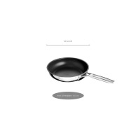 Patelnia Schulte-Ufer ASTRAL 20 cm ze stali nierdzewnej z czarną powłoką nieprzywierającą. Widok z góry na wnętrze, oznaczenia średnicy 20 cm i płyty 14,5 cm.