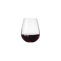 Szklanka do wina Divine marki Krosno Glass o pojemności 500 ml. Przezroczyste naczynie o zaokrąglonym kształcie wypełnione do połowy czerwonym winem na białym