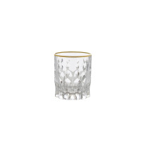 Szklanka kryształowa Bohemia Conte Gold o pojemności 340 ml. Przezroczyste naczynie z ozdobnym, geometrycznym szlifem i eleganckim, złotym wykończeniem