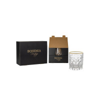 Zestaw szklanek kryształowych Bohemia Conte Gold 340 ml z ozdobnym złotym rantem, widoczny obok eleganckiego czarnego opakowania prezentowego z logo Bohemia