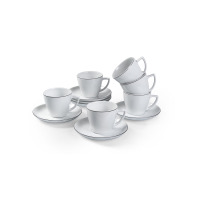 Zestaw filiżanek dla 6 osób Modern Czarna Linia marki Waza. Białe porcelanowe naczynia z delikatnym czarnym obrzeżem, ustawione w kompozycji z filiżanek i