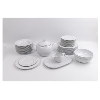 Zestaw obiadowy dla 12 osób Classic Carmen WA-91 marki Waza. Komplet 42 części z białej porcelany z delikatnym wzorem, obejmujący talerze, wazę i sosjerkę.
