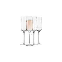 Zestaw czterech eleganckich kieliszków do wina Modern od Krosno Glass S.A. Jeden z nich wypełniony jest różowym trunkiem, pozostałe są puste, ustawione w