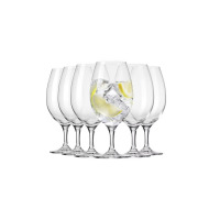 Zestaw sześciu kieliszków uniwersalnych Professional od Krosno Glass S.A. o pojemności 580 ml. Jeden z nich wypełniony lodem i cytryną, pozostałe puste.