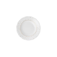 Talerz płytki 26 cm Ćmielów Alaska Blask Świąt z białej porcelany o falistym brzegu, ozdobiony delikatnym złotym wzorem gwiazdek i subtelną obwódką. Widok z