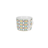 Filiżanka z zestawu do kawy GX05 Jenny Verde marki Ćmielów. Biała porcelana zdobiona geometrycznym wzorem w kolorach złota, turkusu i granatu oraz złotym uchem.