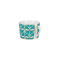 Filiżanka z zestawu kawowego Ćmielów GX07 Jenny Verde. Biała porcelana z turkusowym, geometrycznym wzorem w stylu art déco oraz eleganckimi złotymi