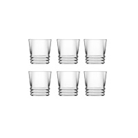 Zestaw sześciu przezroczystych szklanek do whisky LAV ELEGAN o pojemności 315 ml. Naczynia o nowoczesnym designie z charakterystycznym żłobionym dnem, widok na