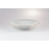 Talerz głęboki do pasty 30 cm Daisy Gold Line marki Lubiana. Białe naczynie z porcelany o szerokim, żebrowanym kołnierzu wykończonym elegancką, złotą linią.