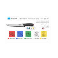 Nóż masarski 20 cm Sabatier Trompette Pro-Tech z wymiennymi kolorowymi końcówkami. Infografika systemu HACCP z przypisanymi kolorami do surowego mięsa, ryb