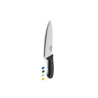 Nóż szefa kuchni 25 cm Sabatier Trompette 8888 Pro-Tech z czarną rękojeścią i stalowym ostrzem. Obok leżą cztery kolorowe nakładki. Widoczny napis: Sabatier