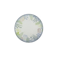 Talerz płytki 27 cm Lubiana 9144 DAISY Watercolor z delikatnym, akwarelowym motywem roślinnym w odcieniach zieleni, błękitu i brązu na białym tle. Widok z góry.