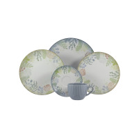 Zestaw talerzy 9144 DAISY Watercolor marki Lubiana. Komplet naczyń dla 6 osób z motywem akwarelowych roślin, obejmujący talerze oraz filiżankę z niebieskim
