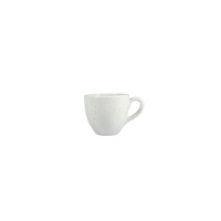 Biała filiżanka do espresso 80 ml z kolekcji Aida marki Lubiana. Naczynie o klasycznym kształcie z delikatnym nakrapianym wzorem, widoczne z profilu na białym