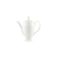 Biały porcelanowy imbryk Chodzież Dalia C001 o pojemności 1,30 l. Eleganckie naczynie z pionowym żłobkowaniem, smukłą wylewką i dopasowaną pokrywką na białym