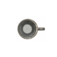 Widok z góry na ceramiczny kubek Verlo Wikle o pojemności 380 ml. Naczynie w odcieniach szarości z rustykalnym wykończeniem i charakterystycznym, ciemniejszym