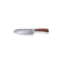 Nóż santoku 17 cm marki Skottsberg z ostrzem ze stali japońskiej i drewnianą rękojeścią z trzema nitami, widoczny z profilu na białym tle.
