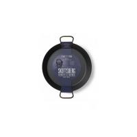 Patelnia Wok ze stali węglowej Skottsberg 38 cm z dwoma uchwytami. Widok z góry na czarną, pre-seasoned powierzchnię z etykietą Party Pan i logo marki.