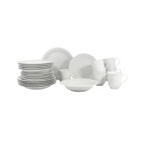 Zestaw naczyń dla 6 osób Iwona niedekorowana marki Chodzież. Biała porcelana o klasycznym fasonie z falistym brzegiem, obejmująca talerze, miseczki i filiżanki.