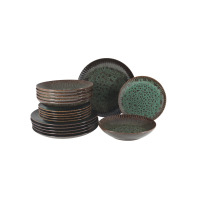 Zestaw talerzy dla 6 osób Lubiana STONEWARE S010T Jade. Komplet 18 części z kamionki o cieniowanej, zielono-brązowej barwie z nakrapianym wzorem i żłobionym
