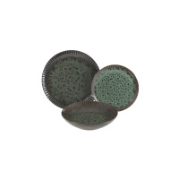 Zestaw talerzy Lubiana STONEWARE S010T Jade: trzy naczynia z kamionki o nieregularnym, zielono-czarnym nakrapianym wzorze i żłobkowanych brzegach na białym tle.