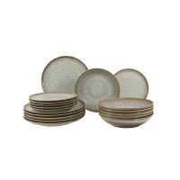 Zestaw talerzy dla 6 osób Lubiana STONEWARE S009T Meteor. Komplet 18 naczyń z kamionki o nakrapianym wzorze, obejmujący głębokie miski oraz płaskie talerze.