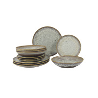 Zestaw talerzy dla 4 osób STONEWARE S009T Meteor marki Lubiana. Komplet kamionkowych naczyń o nakrapianej fakturze, brązowych brzegach i nowoczesnym designie.