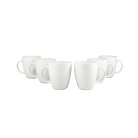Zestaw 6 białych porcelanowych kubków Victoria marki Lubiana o pojemności 350 ml. Naczynia o klasycznym, zaokrąglonym kształcie ustawione w półkolu na białym