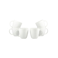 Zestaw sześciu białych porcelanowych kubków 300 ml Victoria marki Lubiana. Naczynia ustawione w dwóch grupach, prezentujące minimalistyczny design i gładką