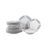 Zestaw talerzy dla 6 osób MARIA 6101 Kaszubska od Lubiana. Komplet białej porcelany z niebieskim motywem kwiatowym, zawierający głębokie i płaskie naczynia.