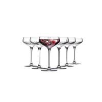 Zestaw sześciu kieliszków do koktajli Avant-Garde Lumi od Krosno Glass. Jeden kieliszek wypełniony różowym napojem z lodem i maliną, pozostałe puste z