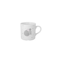 Biały kubek porcelanowy Ćmielów z zestawu naczyń dla dzieci W051 Myszka. Naczynie zdobi delikatny wzór szarej, śpiącej myszki oraz drobne kropki w odcieniach