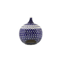 Lampion dynia Bolesławiec 19,5 cm GU-1726A. Ceramiczna ozdoba w kształcie kuli z otworem, zdobiona charakterystycznym granatowym wzorem w kropki i kwiaty.