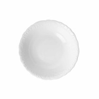 Biała salaterka okrągła 23 cm z serii Rococo marki Ćmielów. Klasyczna porcelana o eleganckim, tłoczonym wzorze na krawędziach, widok z góry na puste naczynie.