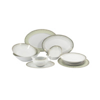 Serwis obiadowy dla 12 osób Chodzież Yvonne H115. Zestaw 44 części z białej porcelany z delikatnym, zielonym wzorem pasków na brzegach naczyń, w tym talerze i