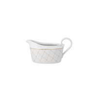Sosjerka z serwisu obiadowego Ćmielów H106 Jenny Mokka. Biała porcelana zdobiona złotym, geometrycznym wzorem w kratkę, z eleganckim uchem i profilowanym