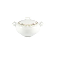 Biała waza z serwisu obiadowego Chodzież H115 Yvonne dla 12 osób. Porcelanowe naczynie z pokrywką, ozdobione delikatnym geometrycznym wzorem w odcieniach