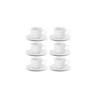 Zestaw 6 białych filiżanek ze spodkami Modern White marki Gerlach. Klasyczna porcelana o minimalistycznym designie, ustawiona w dwóch rzędach na białym tle.