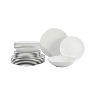 Zestaw talerzy dla 6 osób Dalia marki Chodzież. Biała porcelana z delikatnym prążkowanym wzorem, obejmująca stos głębokich i płaskich naczyń oraz dwie miski.