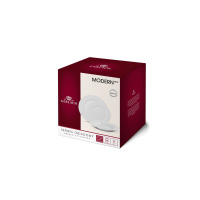 Kartonowe opakowanie zestawu talerzy Gerlach Modern White dla 6 osób. Bordowe pudełko z białym panelem prezentuje 18-częściowy komplet porcelany w nowoczesnym