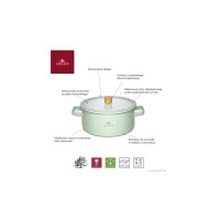 Pastelowo zielony garnek Gerlach NATUR Enamel 24 cm z hartowaną pokrywką, dębowym uchwytem i silikonowym rantem. Infografika z cechami produktu i logo Gerlach.