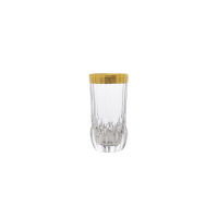 Wysoka szklanka kryształowa Bohemia Prestige Mirador o pojemności 400 ml. Przezroczyste szkło z pionowymi żłobieniami i ozdobnym, szerokim złotym pasem przy